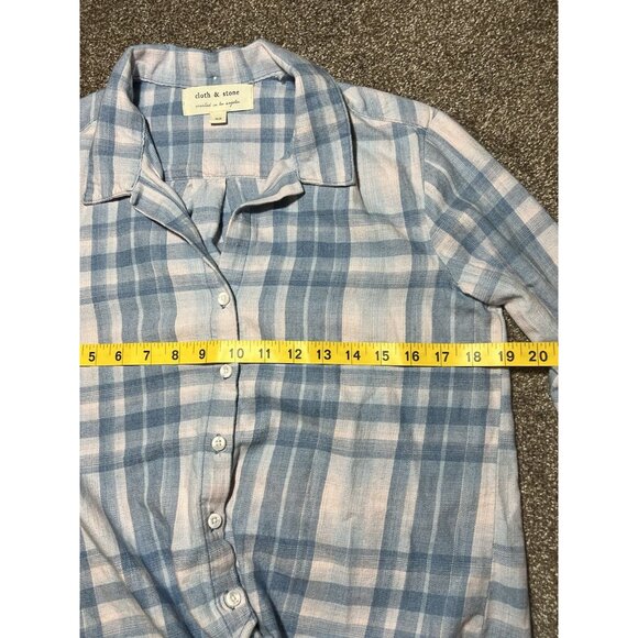 Anthropologie Cloth & Stone Women’s Blouse XS Blue Pink Plaid Tie-Front Crop - Picture 6 of 10